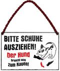 4252024206043 Schilderstore24 	Schilderstore24 Blechschilder sind perfekt als Geschenk zu Weihnachten, Geburtstage, Feiern, Partys, Grillabende, Namenstag, Feiertag, Mädelsabend, Hochzeit. Jederzeit stilvoll im Wohnzimmer, Partykeller, Garage, Praxis, Büro, Café, Hauseingang Haustier Tier Freund knuddelig Zuhause Katze Hund Hamster Meerschwein haustier ''Bitte Schuhe ausziehen. Der Hund brauch was zum Kauen''		18x12cm
