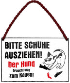 4252024206043 Schilderstore24 	Schilderstore24 Blechschilder sind perfekt als Geschenk zu Weihnachten, Geburtstage, Feiern, Partys, Grillabende, Namenstag, Feiertag, Mädelsabend, Hochzeit. Jederzeit stilvoll im Wohnzimmer, Partykeller, Garage, Praxis, Büro, Café, Hauseingang Haustier Tier Freund knuddelig Zuhause Katze Hund Hamster Meerschwein haustier ''Bitte Schuhe ausziehen. Der Hund brauch was zum Kauen''		18x12cm