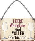 4252024200492 Schilderstore24 	Schilderstore24 Blechschilder sind perfekt als Geschenk zu Weihnachten, Geburtstage, Feiern, Partys, Grillabende, Namenstag, Feiertag, Mädelsabend, Hochzeit. Jederzeit stilvoll im Wohnzimmer, Partykeller, Garage, Praxis, Büro, Café, Hauseingang Alkohol Cocktail Bier Sekt Getränk Bier Alkohol schnaps promille tequila    ''Leere Weingläser sind VOLLER Geschichten''		18x12cm