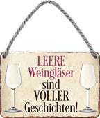 4252024200492 Schilderstore24 	Schilderstore24 Blechschilder sind perfekt als Geschenk zu Weihnachten, Geburtstage, Feiern, Partys, Grillabende, Namenstag, Feiertag, Mädelsabend, Hochzeit. Jederzeit stilvoll im Wohnzimmer, Partykeller, Garage, Praxis, Büro, Café, Hauseingang Alkohol Cocktail Bier Sekt Getränk Bier Alkohol schnaps promille tequila    ''Leere Weingläser sind VOLLER Geschichten''		18x12cm