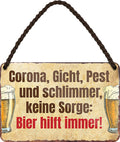 4252024200171 Schilderstore24 Schilderstore24 Blechschilder sind perfekt als Geschenk zu Weihnachten, Geburtstage, Feiern, Partys, Grillabende, Namenstag, Feiertag, Mädelsabend, Hochzeit. Jederzeit stilvoll im Wohnzimmer, Partykeller, Garage, Praxis, Büro, Café, Hauseingang Alkohol Cocktail Bier Sekt Getränk Bier Alkohol schnaps promille tequila   	 ''Corona, Gicht, Pest und schlimmer, keine Sorge. Bier hilft immer''		18x12cm