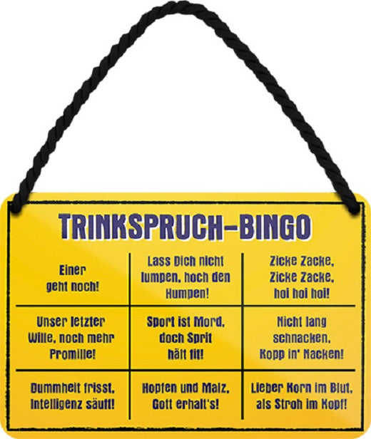 4252024200751 Schilderstore24 	Schilderstore24 Blechschilder sind perfekt als Geschenk zu Weihnachten, Geburtstage, Feiern, Partys, Grillabende, Namenstag, Feiertag, Mädelsabend, Hochzeit. Jederzeit stilvoll im Wohnzimmer, Partykeller, Garage, Praxis, Büro, Café, Hauseingang Alkohol Cocktail Bier Sekt Getränk Bier Alkohol schnaps promille tequila    ''Trinkspruch Bingo (gelber Hintergrund)''		18x12cm