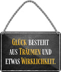 4252024206364 Schilderstore24 Schilderstore24 Blechschilder sind perfekt als Geschenk zu Weihnachten, Geburtstage, Feiern, Partys, Grillabende, Namenstag, Feiertag, Mädelsabend, Hochzeit. Jederzeit stilvoll im Wohnzimmer, Partykeller, Garage, Praxis, Büro, Café, Hauseingang Weisheiten Leben Sprichwörter Tipp wahrheit sprichwort tiefsinnig ratschlag	 ''Glück besteht aus Träumen und etwas Wirklichkeit''		18x12cm