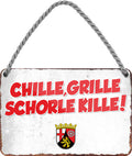 4252024201604 Schilderstore24 Schilderstore24 Blechschilder sind perfekt als Geschenk zu Weihnachten, Geburtstage, Feiern, Partys, Grillabende, Namenstag, Feiertag, Mädelsabend, Hochzeit. Jederzeit stilvoll im Wohnzimmer, Partykeller, Garage, Praxis, Büro, Café, Hauseingang Sachse Bayern Schwäbisch Alm bayrisch sprache kultur tradition	 ''CHILLE, GRILLE SCHORLE KILLE''		18x12cm
