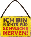 4252024209891 Schilderstore24 Schilderstore24 Blechschilder sind perfekt als Geschenk zu Weihnachten, Geburtstage, Feiern, Partys, Grillabende, Namenstag, Feiertag, Mädelsabend, Hochzeit. Jederzeit stilvoll im Wohnzimmer, Partykeller, Garage, Praxis, Büro, Café, Hauseingang Sarkasmus Ironie Funny Schwarzer Humor faul dumm fun rente lästern teufel	 ''Ich bin nichts für schwache Nerven''		18x12cm