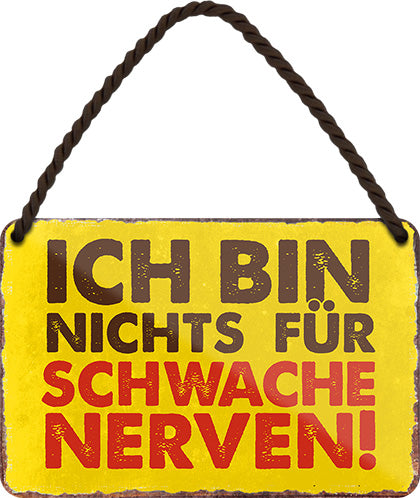 4252024209891 Schilderstore24 Schilderstore24 Blechschilder sind perfekt als Geschenk zu Weihnachten, Geburtstage, Feiern, Partys, Grillabende, Namenstag, Feiertag, Mädelsabend, Hochzeit. Jederzeit stilvoll im Wohnzimmer, Partykeller, Garage, Praxis, Büro, Café, Hauseingang Sarkasmus Ironie Funny Schwarzer Humor faul dumm fun rente lästern teufel	 ''Ich bin nichts für schwache Nerven''		18x12cm