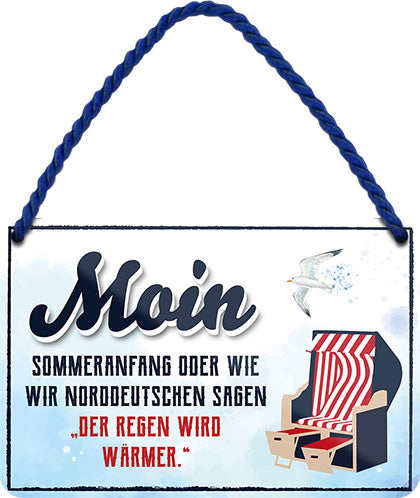 4252024207729 Schilderstore24 	Schilderstore24 Blechschilder sind perfekt als Geschenk zu Weihnachten, Geburtstage, Feiern, Partys, Grillabende, Namenstag, Feiertag, Mädelsabend, Hochzeit. Jederzeit stilvoll im Wohnzimmer, Partykeller, Garage, Praxis, Büro, Café, Hauseingang Meer Urlaub Sommer Sandstrand meer wasser strand sand urlaub ferien ''Moin. Sommeranfang oder wie... (Strandkorb rechts)''		18x12cm