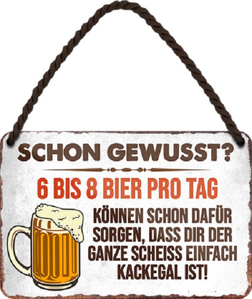 4252024200980 	Schilderstore24 Schilderstore24 Blechschilder sind perfekt als Geschenk zu Weihnachten, Geburtstage, Feiern, Partys, Grillabende, Namenstag, Feiertag, Mädelsabend, Hochzeit. Jederzeit stilvoll im Wohnzimmer, Partykeller, Garage, Praxis, Büro, Café, Hauseingang Alkohol Cocktail Bier Sekt Getränk Bier Alkohol schnaps promille tequila   	 ''Schon gewusst. 6 bis 8 Bier pro Tag''		18x12cm