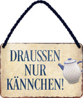 4252024202908 Schilderstore24 	Schilderstore24 Blechschilder sind perfekt als Geschenk zu Weihnachten, Geburtstage, Feiern, Partys, Grillabende, Namenstag, Feiertag, Mädelsabend, Hochzeit. Jederzeit stilvoll im Wohnzimmer, Partykeller, Garage, Praxis, Büro, Café, Hauseingang Lebensmittel Kaffee Kuchen Tee Grill crepes teigware süßigkeit essen grill wurst ''Daussen nur Kännchen''		18x12cm