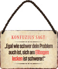 4252024210903 Schilderstore24 	Schilderstore24 Blechschilder sind perfekt als Geschenk zu Weihnachten, Geburtstage, Feiern, Partys, Grillabende, Namenstag, Feiertag, Mädelsabend, Hochzeit. Jederzeit stilvoll im Wohnzimmer, Partykeller, Garage, Praxis, Büro, Café, Hauseingang Sarkasmus Ironie Funny Schwarzer Humor faul dumm fun rente lästern teufel ''Konfuzius sagt. egal wie schwer Problem ist, Ellenbogen lecken''		18x12cm