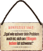 4252024210903 Schilderstore24 	Schilderstore24 Blechschilder sind perfekt als Geschenk zu Weihnachten, Geburtstage, Feiern, Partys, Grillabende, Namenstag, Feiertag, Mädelsabend, Hochzeit. Jederzeit stilvoll im Wohnzimmer, Partykeller, Garage, Praxis, Büro, Café, Hauseingang Sarkasmus Ironie Funny Schwarzer Humor faul dumm fun rente lästern teufel ''Konfuzius sagt. egal wie schwer Problem ist, Ellenbogen lecken''		18x12cm