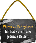 4252024211030 Schilderstore24 	Schilderstore24 Blechschilder sind perfekt als Geschenk zu Weihnachten, Geburtstage, Feiern, Partys, Grillabende, Namenstag, Feiertag, Mädelsabend, Hochzeit. Jederzeit stilvoll im Wohnzimmer, Partykeller, Garage, Praxis, Büro, Café, Hauseingang Sarkasmus Ironie Funny Schwarzer Humor faul dumm fun rente lästern teufel ''Wieso zu fuß gehen.. vier gesunde Reifen (schwarz)''		18x12cm