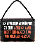 4252024210989 Schilderstore24 	Schilderstore24 Blechschilder sind perfekt als Geschenk zu Weihnachten, Geburtstage, Feiern, Partys, Grillabende, Namenstag, Feiertag, Mädelsabend, Hochzeit. Jederzeit stilvoll im Wohnzimmer, Partykeller, Garage, Praxis, Büro, Café, Hauseingang Sarkasmus Ironie Funny Schwarzer Humor faul dumm fun rente lästern teufel ''Versuche vernünftig zu sein, nicht den ganzen Tag aufpassen''		18x12cm