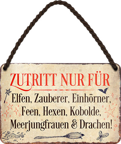 4252024211023 Schilderstore24 	Schilderstore24 Blechschilder sind perfekt als Geschenk zu Weihnachten, Geburtstage, Feiern, Partys, Grillabende, Namenstag, Feiertag, Mädelsabend, Hochzeit. Jederzeit stilvoll im Wohnzimmer, Partykeller, Garage, Praxis, Büro, Café, Hauseingang Sarkasmus Ironie Funny Schwarzer Humor faul dumm fun rente lästern teufel ''Zutritt nur für Elfen, Zauberer, Einhörner''		18x12cm