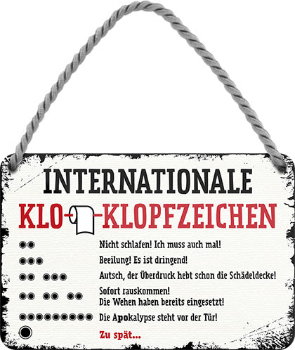 4252024209167 Schilderstore24 	Schilderstore24 Blechschilder sind perfekt als Geschenk zu Weihnachten, Geburtstage, Feiern, Partys, Grillabende, Namenstag, Feiertag, Mädelsabend, Hochzeit. Jederzeit stilvoll im Wohnzimmer, Partykeller, Garage, Praxis, Büro, Café, Hauseingang Zuhause WC Open Closed Badezimmer toilette scheißhaus putzen haushalt heim ''Internationale Klo Klopfzeichen''		18x12cm