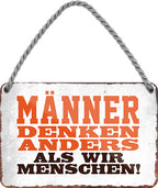 4252024211153 Schilderstore24 	Schilderstore24 Blechschilder sind perfekt als Geschenk zu Weihnachten, Geburtstage, Feiern, Partys, Grillabende, Namenstag, Feiertag, Mädelsabend, Hochzeit. Jederzeit stilvoll im Wohnzimmer, Partykeller, Garage, Praxis, Büro, Café, Hauseingang Sarkasmus Ironie Funny Schwarzer Humor faul dumm fun rente lästern teufel ''Männer denken anders als wir Menschen''		18x12cm