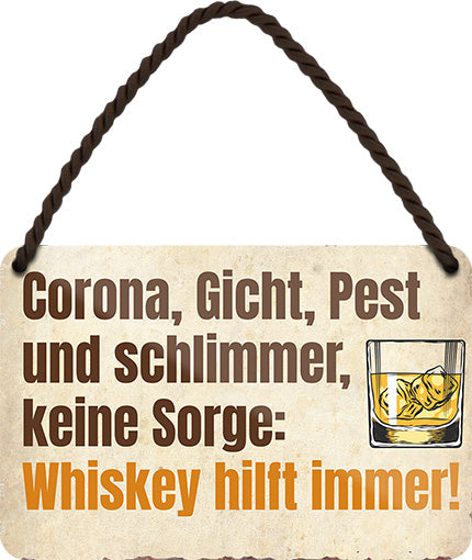 4252024201086 Schilderstore24 Schilderstore24 Blechschilder sind perfekt als Geschenk zu Weihnachten, Geburtstage, Feiern, Partys, Grillabende, Namenstag, Feiertag, Mädelsabend, Hochzeit. Jederzeit stilvoll im Wohnzimmer, Partykeller, Garage, Praxis, Büro, Café, Hauseingang Alkohol Cocktail Bier Sekt Getränk Bier Alkohol schnaps promille tequila   	 ''Corona, Gicht, Pest und Schlimmer.. Whiskey''		18x12cm