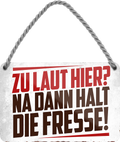 4252024211559	Geschenk Weihnachten, Geburtstage, Feiern, Partys, Grillabende, Namenstag, Feiertag, Mädelsabend, Hochzeit Wohnzimmer, Partykeller, Garage, Praxis, Büro, Café, Hauseingang Sarkasmus Ironie Funny Schwarzer Humor faul dumm fun rente lästern teufelSchilderstore24 	 ''Zu laut hier. Na dann halt die Fresse''