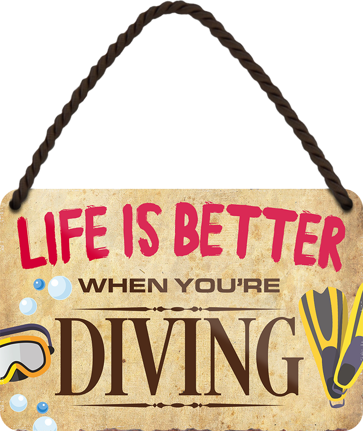 4252024208542	Schilderstore24 	 ''Life is better Diving'' Schilderstore24 Blechschilder sind perfekt als Geschenk zu Weihnachten, Geburtstage, Feiern, Partys, Grillabende, Namenstag, Feiertag, Mädelsabend, Hochzeit. Jederzeit stilvoll im Wohnzimmer, Partykeller, Garage, Praxis, Büro, Café, Hauseingang Freizeit Sport Ballsport Aktivitäten bowling dart kegeln biken rad hobby