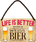 4252024201383	Geschenk Weihnachten, Geburtstage, Feiern, Partys, Grillabende, Namenstag, Feiertag, Mädelsabend, Hochzeit Wohnzimmer, Partykeller, Garage, Praxis, Büro, Café, Hauseingang Alkohol Kasten Bier Saufen Getränk Bier Alkohol schaumkrone promille hopfenSchilderstore24 	 ''Life is better Weissbier''