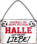 4252024205039Geschenk zu Weihnachten, Geburtstage, Feiern, Partys, Grillabende, Namenstag, Feiertag, Mädelsabend, Hochzeit Wohnzimmer, Partykeller, Garage, Praxis, Büro, Café, Hauseingang Fußball Mannschaft Verein Bolzen Ball sport liga kicken stadion freizeit	Schilderstore24 	 ''Halle ist meine Liebe!''