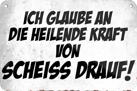 Blechschild ''Ich glaube an die heilige Kraft Scheiss drauf'' 18x12cm