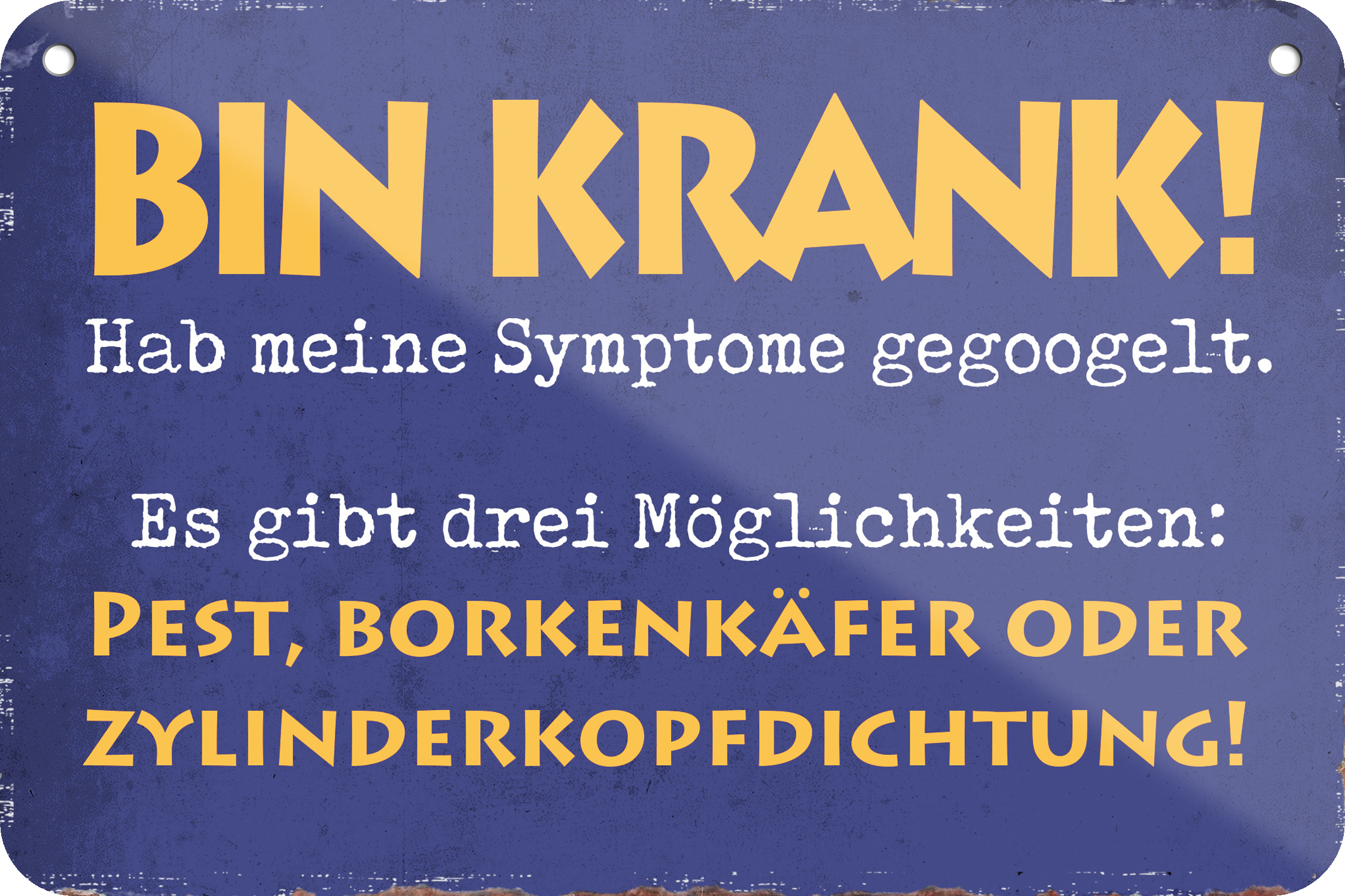4252024235128	Schilderstore25	 ''Bin Krank. Hab meine Symptome gegoogelt'' Schilderstore24 Blechschilder sind perfekt als Geschenk zu Weihnachten, Geburtstage, Feiern, Partys, Grillabende, Namenstag, Feiertag, Mädelsabend, Hochzeit. Jederzeit stilvoll im Wohnzimmer, Partykeller, Garage, Praxis, Büro, Café, Hauseingang Sarkasmus Ironie Funny Schwarzer Humor faul dumm fun rente lästern teufel