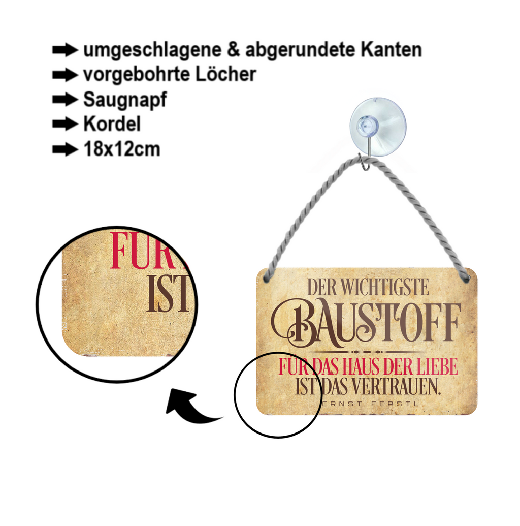 Blechschild ''Der wichtigste Baustoff für Liebe'' 18x12cm