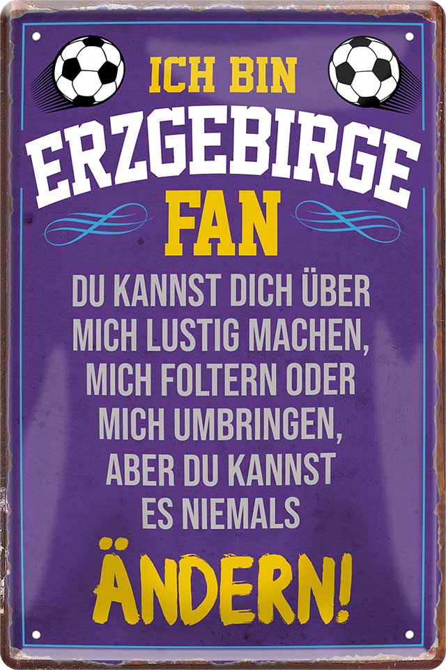 4252024216479 Schilderstore24 Schilderstore24 Blechschilder sind perfekt als Geschenk zu Weihnachten, Geburtstage, Feiern, Partys, Grillabende, Namenstag, Feiertag, Mädelsabend, Hochzeit. Jederzeit stilvoll im Wohnzimmer, Partykeller, Garage, Praxis, Büro, Café, Hauseingang Fußball Mannschaft Verein Bolzen Ball sport liga kicken stadion freizeit  ''Erzgebirge Fan ´20''		20x30cm
