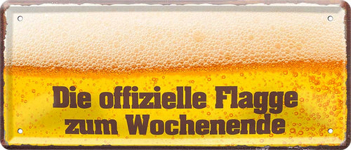 4252024222364 Schilderstore24 	Schilderstore24 Blechschilder sind perfekt als Geschenk zu Weihnachten, Geburtstage, Feiern, Partys, Grillabende, Namenstag, Feiertag, Mädelsabend, Hochzeit. Jederzeit stilvoll im Wohnzimmer, Partykeller, Garage, Praxis, Büro, Café, Hauseingang Alkohol Cocktail Bier Sekt Getränk Bier Alkohol schnaps promille tequila    ''Die offizieller Flagge zum Wochenende''		28x12cm