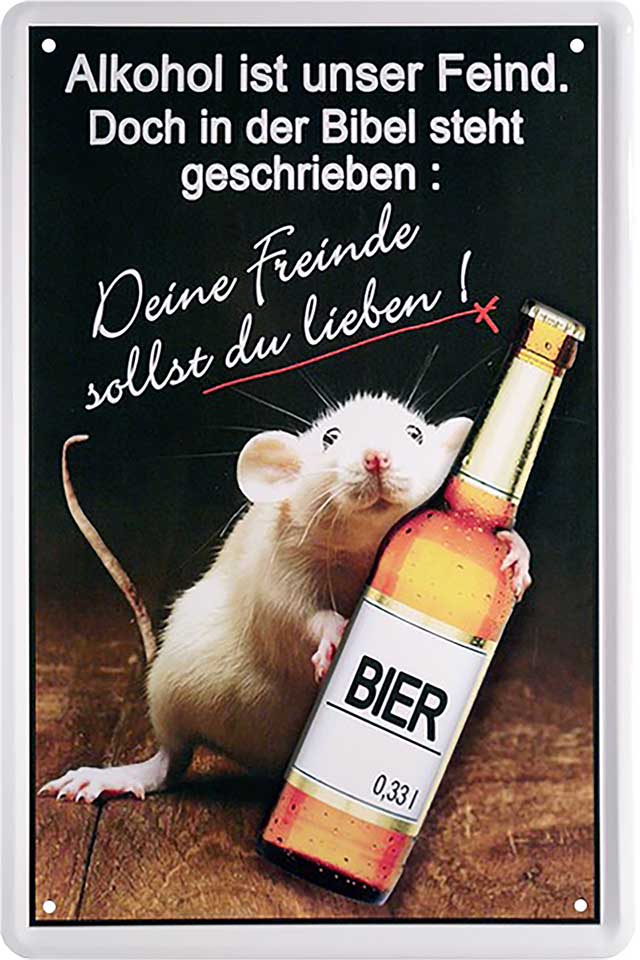 4252024213591 Schilderstore24 Schilderstore24 Blechschilder sind perfekt als Geschenk zu Weihnachten, Geburtstage, Feiern, Partys, Grillabende, Namenstag, Feiertag, Mädelsabend, Hochzeit. Jederzeit stilvoll im Wohnzimmer, Partykeller, Garage, Praxis, Büro, Café, Hauseingang Alkohol Kasten Bier Saufen Getränk Bier Alkohol schaumkrone promille hopfen	 ''Alkohol ist unser Feind (Maus Bier)''		20x30cm