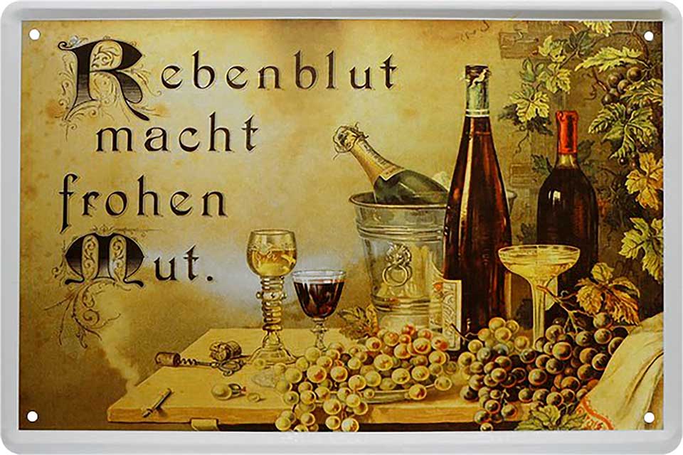 4252024213362 Schilderstore24 Schilderstore24 Blechschilder sind perfekt als Geschenk zu Weihnachten, Geburtstage, Feiern, Partys, Grillabende, Namenstag, Feiertag, Mädelsabend, Hochzeit. Jederzeit stilvoll im Wohnzimmer, Partykeller, Garage, Praxis, Büro, Café, Hauseingang Alkohol Cocktail Bier Sekt Getränk Bier Alkohol schnaps promille tequila   	 ''Rebenblut macht frohen Mut''		20x30cm