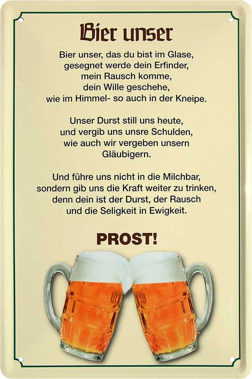 4252024213690 Schilderstore24 Schilderstore24 Blechschilder sind perfekt als Geschenk zu Weihnachten, Geburtstage, Feiern, Partys, Grillabende, Namenstag, Feiertag, Mädelsabend, Hochzeit. Jederzeit stilvoll im Wohnzimmer, Partykeller, Garage, Praxis, Büro, Café, Hauseingang Alkohol Kasten Bier Saufen Getränk Bier Alkohol schaumkrone promille hopfen	 ''Bier unser''		20x30cm