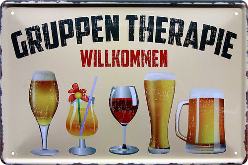 4252024213263 Schilderstore24 Schilderstore24 Blechschilder sind perfekt als Geschenk zu Weihnachten, Geburtstage, Feiern, Partys, Grillabende, Namenstag, Feiertag, Mädelsabend, Hochzeit. Jederzeit stilvoll im Wohnzimmer, Partykeller, Garage, Praxis, Büro, Café, Hauseingang Alkohol Cocktail Bier Sekt Getränk Bier Alkohol schnaps promille tequila   	 ''Gruppentherapie Willkommen (Alkohol)''		20x30cm