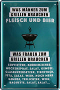 4252024215748 Schilderstore24 Schilderstore24 Blechschilder sind perfekt als Geschenk zu Weihnachten, Geburtstage, Feiern, Partys, Grillabende, Namenstag, Feiertag, Mädelsabend, Hochzeit. Jederzeit stilvoll im Wohnzimmer, Partykeller, Garage, Praxis, Büro, Café, Hauseingang Lebensmittel Kaffee Kuchen Tee Grill crepes teigware süßigkeit essen grill wurst	 ''Was Männer zum Grillen brauchen Fleisch Bier (türkis weis)''		20x30cm