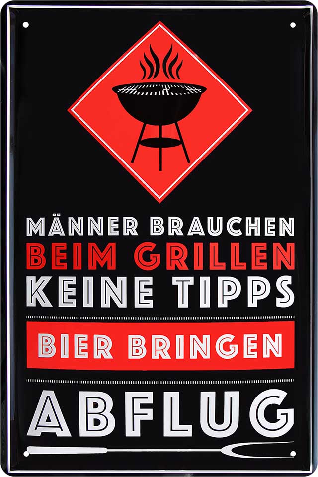 4252024215694 Schilderstore24 Schilderstore24 Blechschilder sind perfekt als Geschenk zu Weihnachten, Geburtstage, Feiern, Partys, Grillabende, Namenstag, Feiertag, Mädelsabend, Hochzeit. Jederzeit stilvoll im Wohnzimmer, Partykeller, Garage, Praxis, Büro, Café, Hauseingang Lebensmittel Kaffee Kuchen Tee Grill crepes teigware süßigkeit essen grill wurst	 ''Männer brauchen beim Grillen keine Tipps''		20x30cm