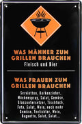 4252024215731 Schilderstore24 Schilderstore24 Blechschilder sind perfekt als Geschenk zu Weihnachten, Geburtstage, Feiern, Partys, Grillabende, Namenstag, Feiertag, Mädelsabend, Hochzeit. Jederzeit stilvoll im Wohnzimmer, Partykeller, Garage, Praxis, Büro, Café, Hauseingang Lebensmittel Kaffee Kuchen Tee Grill crepes teigware süßigkeit essen grill wurst	 ''Was Männer zum Grillen brauchen Fleisch Bier (Schwarz Orange)''		20x30cm