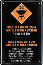 4252024215731 Schilderstore24 Schilderstore24 Blechschilder sind perfekt als Geschenk zu Weihnachten, Geburtstage, Feiern, Partys, Grillabende, Namenstag, Feiertag, Mädelsabend, Hochzeit. Jederzeit stilvoll im Wohnzimmer, Partykeller, Garage, Praxis, Büro, Café, Hauseingang Lebensmittel Kaffee Kuchen Tee Grill crepes teigware süßigkeit essen grill wurst	 ''Was Männer zum Grillen brauchen Fleisch Bier (Schwarz Orange)''		20x30cm