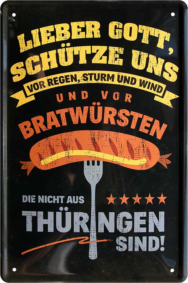 4252024215670 Schilderstore24 Schilderstore24 Blechschilder sind perfekt als Geschenk zu Weihnachten, Geburtstage, Feiern, Partys, Grillabende, Namenstag, Feiertag, Mädelsabend, Hochzeit. Jederzeit stilvoll im Wohnzimmer, Partykeller, Garage, Praxis, Büro, Café, Hauseingang Lebensmittel Kaffee Kuchen Tee Grill crepes teigware süßigkeit essen grill wurst	 ''Lieber Gott, schütze uns.. Bratwürsten''		20x30cm