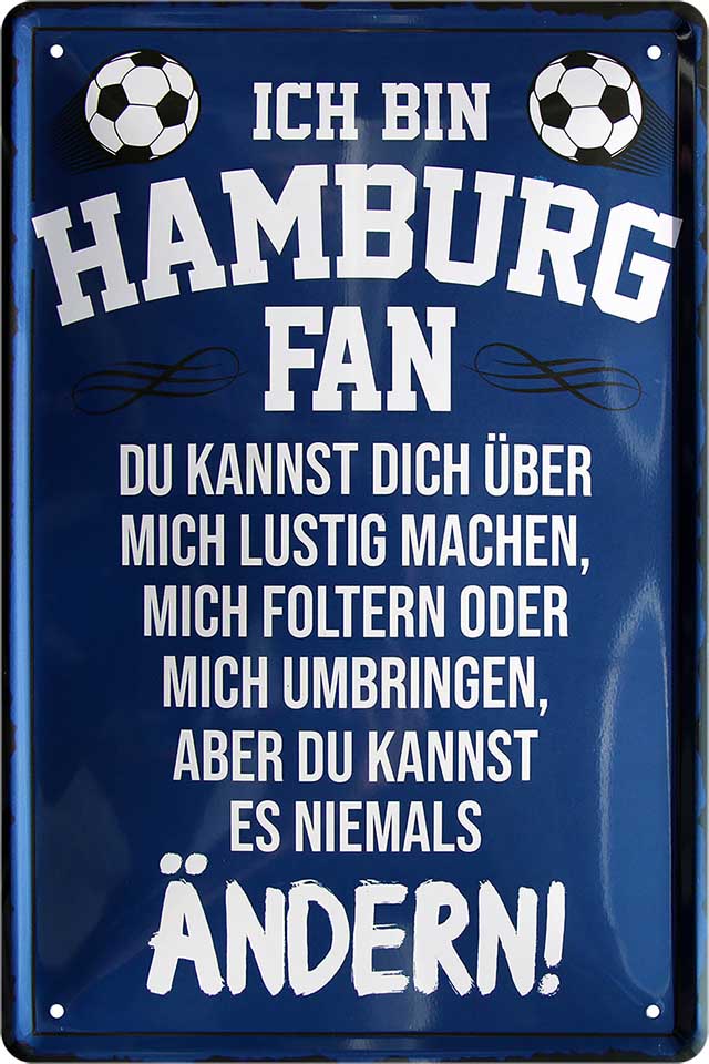 4252024216318 Schilderstore24 Schilderstore24 Blechschilder sind perfekt als Geschenk zu Weihnachten, Geburtstage, Feiern, Partys, Grillabende, Namenstag, Feiertag, Mädelsabend, Hochzeit. Jederzeit stilvoll im Wohnzimmer, Partykeller, Garage, Praxis, Büro, Café, Hauseingang Fußball Mannschaft Verein Bolzen Ball sport liga kicken stadion freizeit	 ''Hamburg Fan ´19''		20x30cm