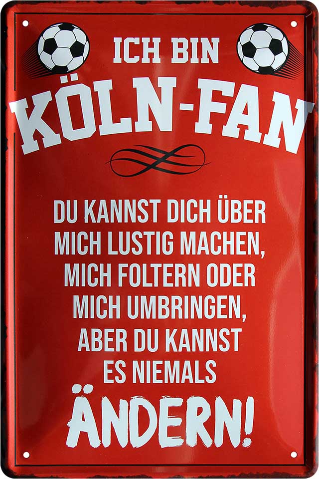 4252024216332 Schilderstore24 	Schilderstore24 Blechschilder sind perfekt als Geschenk zu Weihnachten, Geburtstage, Feiern, Partys, Grillabende, Namenstag, Feiertag, Mädelsabend, Hochzeit. Jederzeit stilvoll im Wohnzimmer, Partykeller, Garage, Praxis, Büro, Café, Hauseingang Fußball Mannschaft Verein Bolzen Ball sport liga kicken stadion freizeit ''Köln Fan ´19''		20x30cm