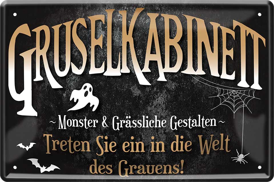 4252024220810 Schilderstore24 	Schilderstore24 Blechschilder sind perfekt als Geschenk zu Weihnachten, Geburtstage, Feiern, Partys, Grillabende, Namenstag, Feiertag, Mädelsabend, Hochzeit. Jederzeit stilvoll im Wohnzimmer, Partykeller, Garage, Praxis, Büro, Café, Hauseingang Halloween Gespenst Monster Mörder Grusel angst knochen skellet spinnen kultur ''Gruselkabinett (Gespenst)''		20x30cm