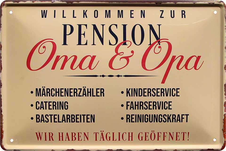4252024221107 Schilderstore24 Schilderstore24 Blechschilder sind perfekt als Geschenk zu Weihnachten, Geburtstage, Feiern, Partys, Grillabende, Namenstag, Feiertag, Mädelsabend, Hochzeit. Jederzeit stilvoll im Wohnzimmer, Partykeller, Garage, Praxis, Büro, Café, Hauseingang Familie Zuhause Eltern Geschwister oma opa familie mama papa geschwister	 ''Pension Oma & Opa''		20x30cm