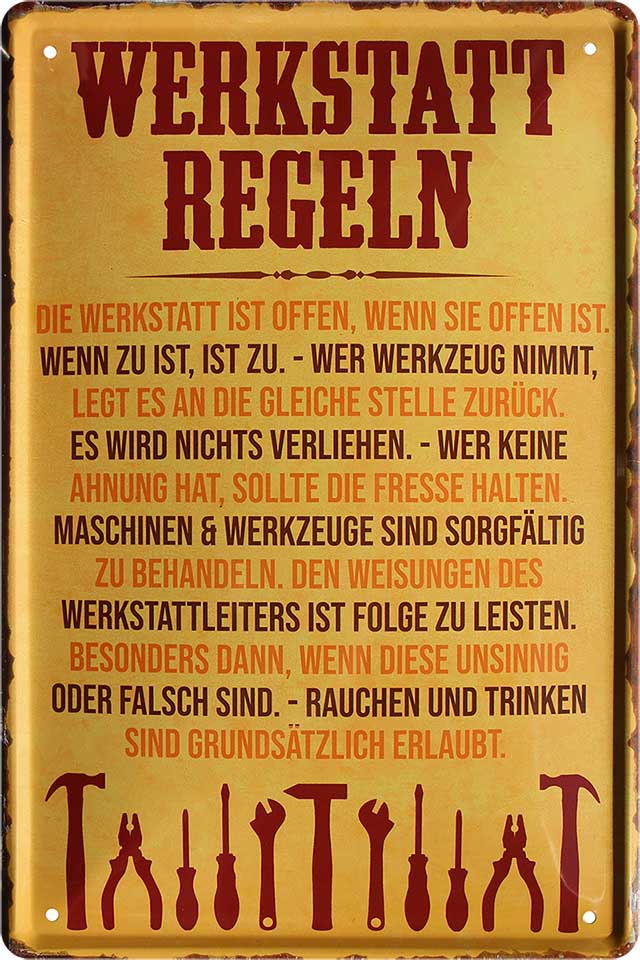 4252024220544 Schilderstore24 Schilderstore24 Blechschilder sind perfekt als Geschenk zu Weihnachten, Geburtstage, Feiern, Partys, Grillabende, Namenstag, Feiertag, Mädelsabend, Hochzeit. Jederzeit stilvoll im Wohnzimmer, Partykeller, Garage, Praxis, Büro, Café, Hauseingang Mechaniker Auto Motorrad Werkstatt auto werkstatt tüfteln schrauber	 ''Werkstatt Regeln''		20x30cm