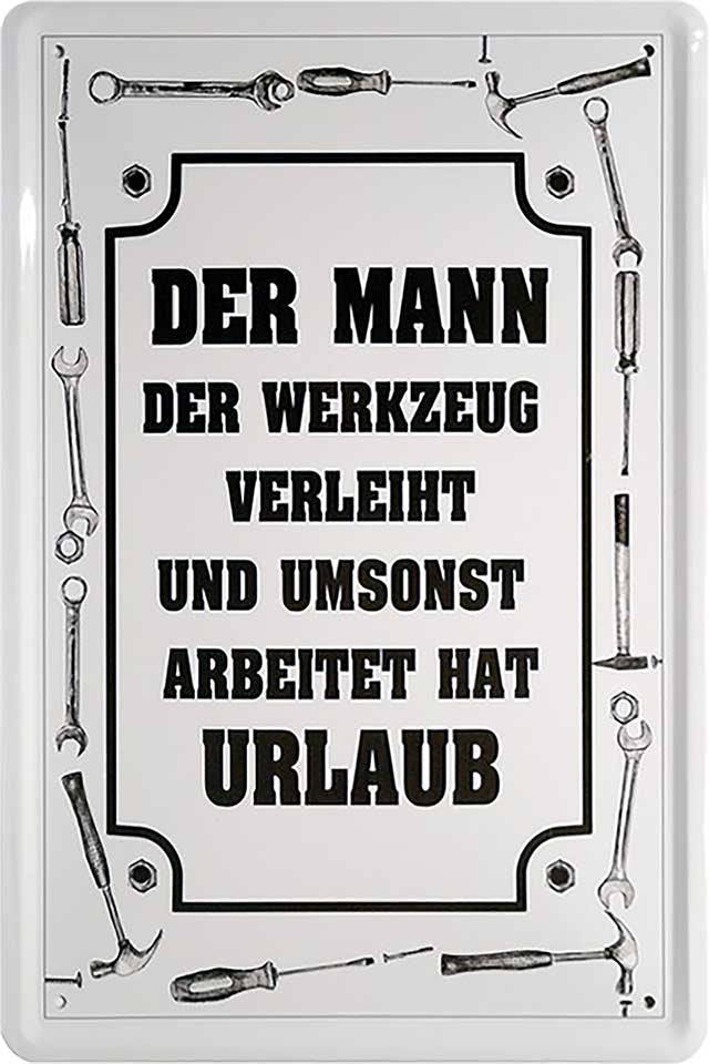 4252024220773 Schilderstore24 Schilderstore24 Blechschilder sind perfekt als Geschenk zu Weihnachten, Geburtstage, Feiern, Partys, Grillabende, Namenstag, Feiertag, Mädelsabend, Hochzeit. Jederzeit stilvoll im Wohnzimmer, Partykeller, Garage, Praxis, Büro, Café, Hauseingang Handwerk Baustelle Arbeit Bau werkeln baustelle handwerk bauarbeiter	 ''Der Mann der Werkzeug verleiht hat Urlaub''		20x30cm