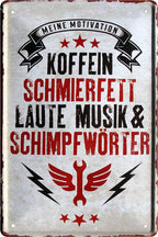 4252024220322 Schilderstore24 	Schilderstore24 Blechschilder sind perfekt als Geschenk zu Weihnachten, Geburtstage, Feiern, Partys, Grillabende, Namenstag, Feiertag, Mädelsabend, Hochzeit. Jederzeit stilvoll im Wohnzimmer, Partykeller, Garage, Praxis, Büro, Café, Hauseingang Mechaniker Auto Motorrad Werkstatt auto werkstatt tüfteln schrauber ''Koffein, Schmierfett, laute Musik''		20x30cm