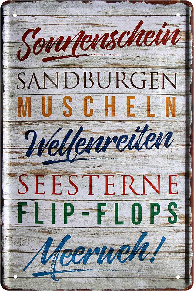 4252024219043 Schilderstore24 Schilderstore24 Blechschilder sind perfekt als Geschenk zu Weihnachten, Geburtstage, Feiern, Partys, Grillabende, Namenstag, Feiertag, Mädelsabend, Hochzeit. Jederzeit stilvoll im Wohnzimmer, Partykeller, Garage, Praxis, Büro, Café, Hauseingang Meer Urlaub Sommer Sandstrand meer wasser strand sand urlaub ferien	 ''Sonnenschein, Sandburgen, Muscheln''		20x30cm