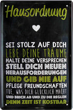 4252024220865 Schilderstore24 Schilderstore24 Blechschilder sind perfekt als Geschenk zu Weihnachten, Geburtstage, Feiern, Partys, Grillabende, Namenstag, Feiertag, Mädelsabend, Hochzeit. Jederzeit stilvoll im Wohnzimmer, Partykeller, Garage, Praxis, Büro, Café, Hauseingang Küche Haushalt Willkommen Eigenheim heim essen haus kochen herzlich Zuhause putzen	 ''Hausordnung. Sei stolz auf dich''		20x30cm