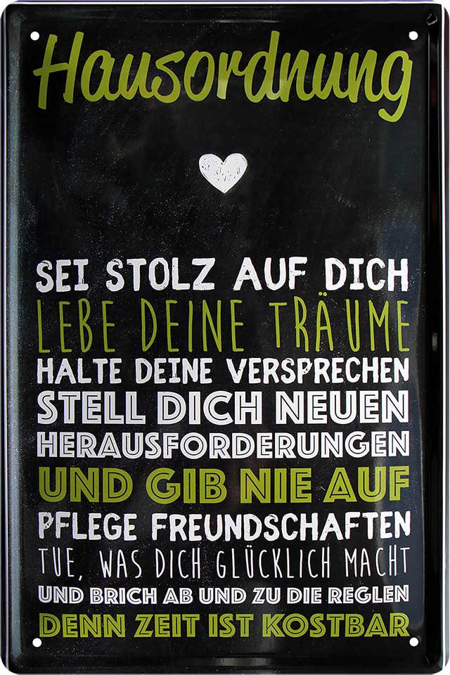 4252024220865 Schilderstore24 Schilderstore24 Blechschilder sind perfekt als Geschenk zu Weihnachten, Geburtstage, Feiern, Partys, Grillabende, Namenstag, Feiertag, Mädelsabend, Hochzeit. Jederzeit stilvoll im Wohnzimmer, Partykeller, Garage, Praxis, Büro, Café, Hauseingang Küche Haushalt Willkommen Eigenheim heim essen haus kochen herzlich Zuhause putzen	 ''Hausordnung. Sei stolz auf dich''		20x30cm