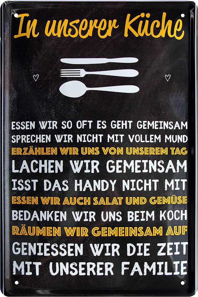 4252024220889 Schilderstore24 Schilderstore24 Blechschilder sind perfekt als Geschenk zu Weihnachten, Geburtstage, Feiern, Partys, Grillabende, Namenstag, Feiertag, Mädelsabend, Hochzeit. Jederzeit stilvoll im Wohnzimmer, Partykeller, Garage, Praxis, Büro, Café, Hauseingang Küche Haushalt Willkommen Eigenheim heim essen haus kochen herzlich Zuhause putzen	 ''In unserer Küche ess wir so oft es geht gemeinsam''		20x30cm